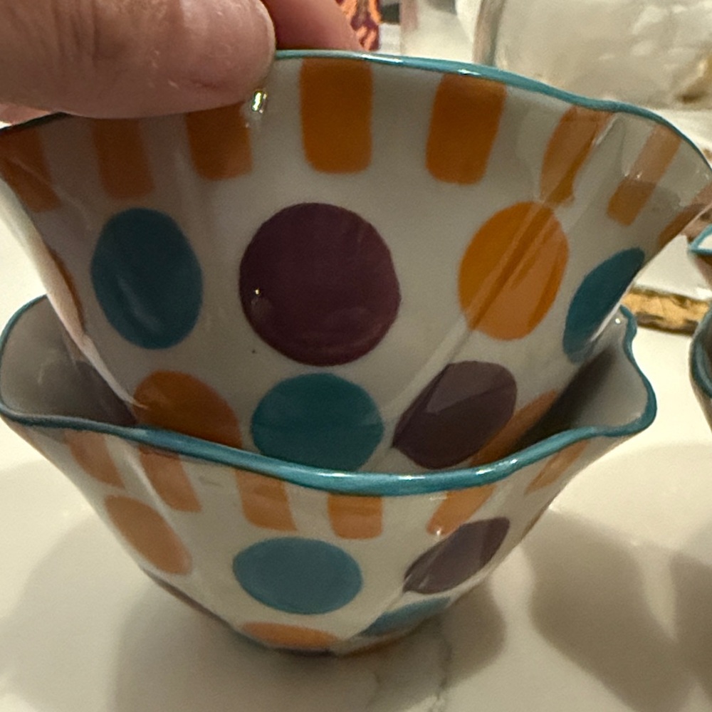 Four Colorful Polka Dot Ceramic Bowls